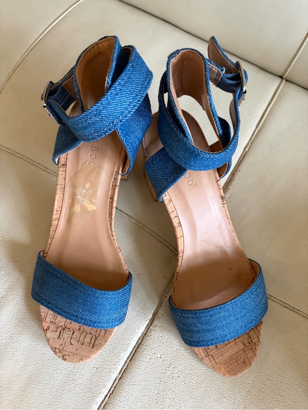 BAMBOO Blue Denim Cork Ankle-Strap Heels